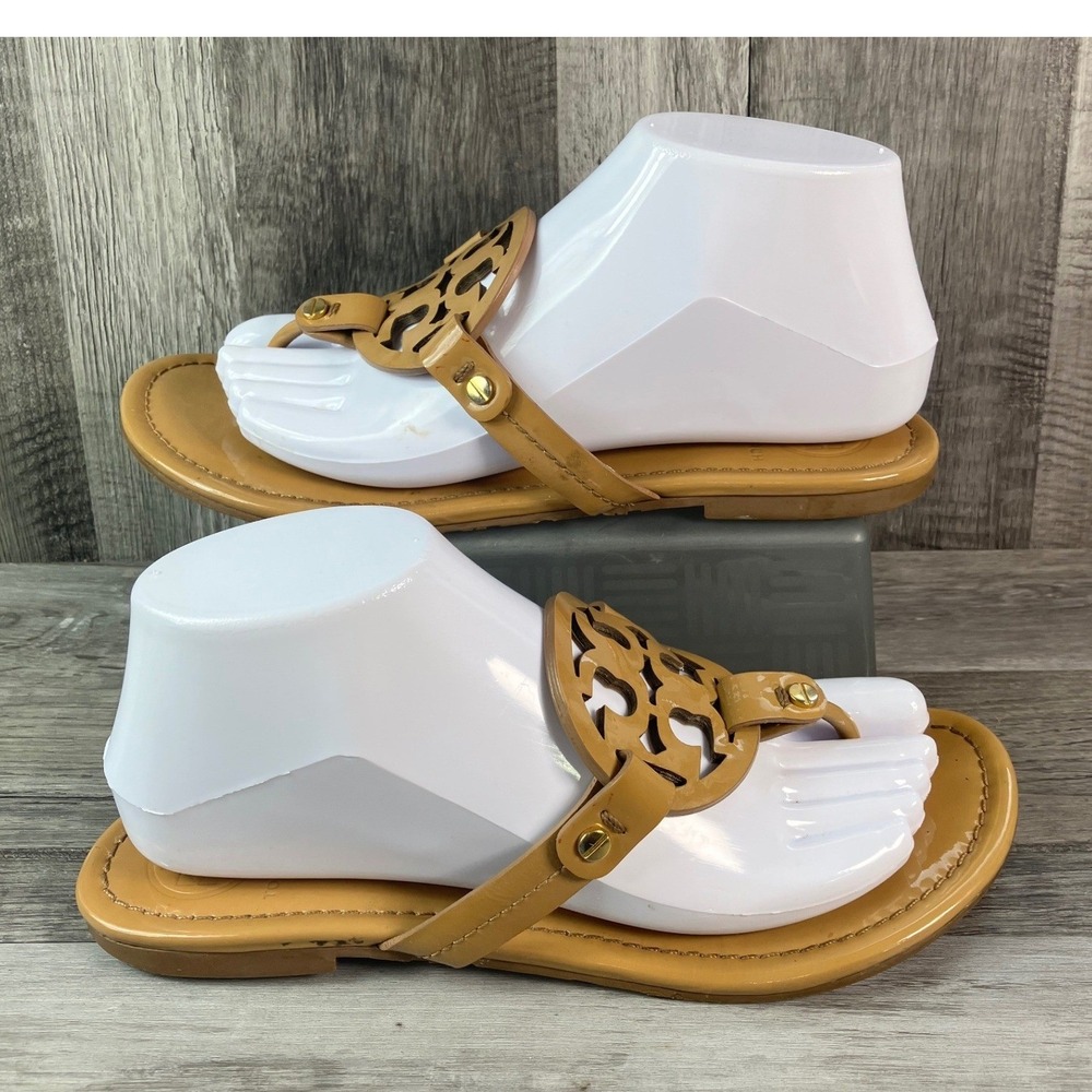 Tory Burch Miller Sandals Tan Patent Leather Logo Thong Flat Womens 8.5 M Brazil